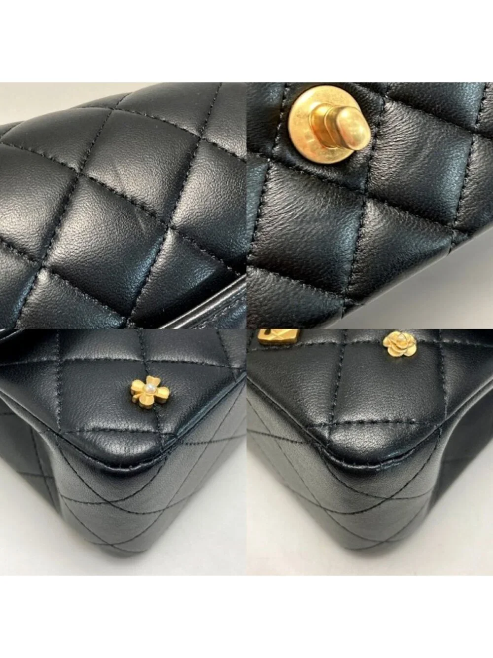 Chanel Quilted Double Flap Icon Charm Chain Shoulder Bag Black Lambskin